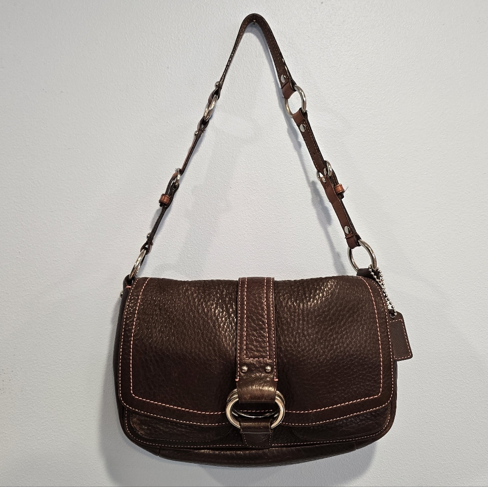 Vintage Coach Brown Pebble Leather Buckle Shoulder Bag